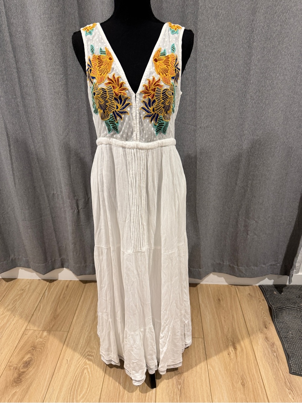 Lulu's White Maxi Dress with Yellow & Green Embroidered Bodice